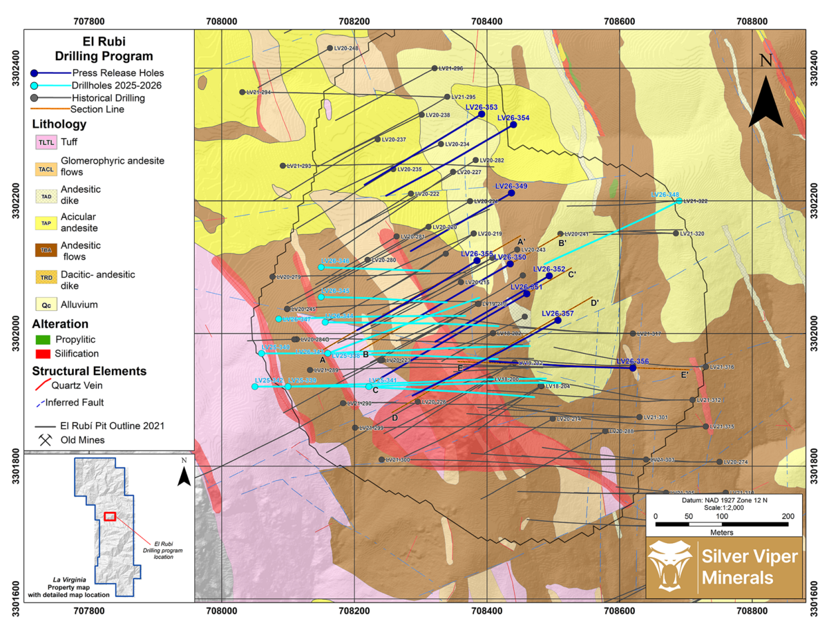 Plan view of drilling at the El Rubi Zone